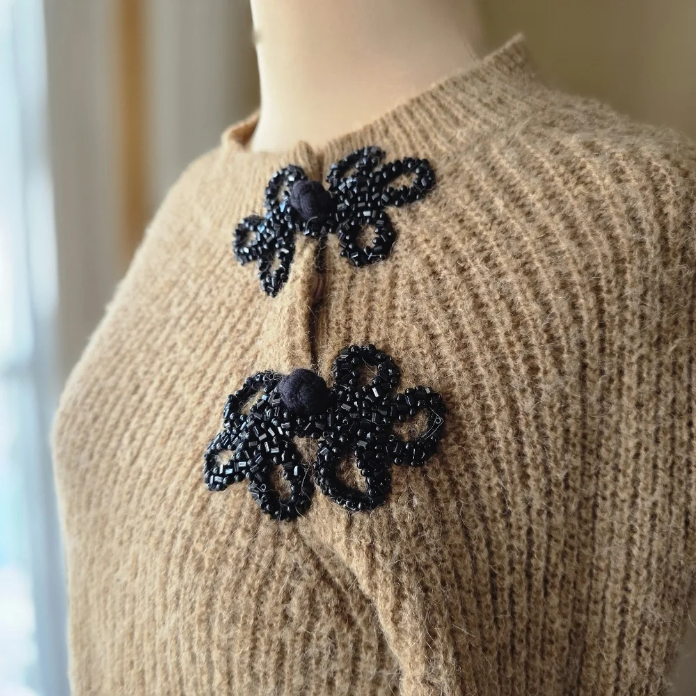 J.Crew Tan Alpaca Wool Blend Sweater with Black Beaded Flowers